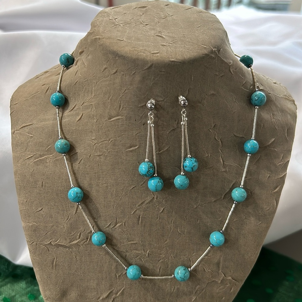Shube Dakota West 20” Turquoise 925 Sterling Silver Necklace & Earrings Set
